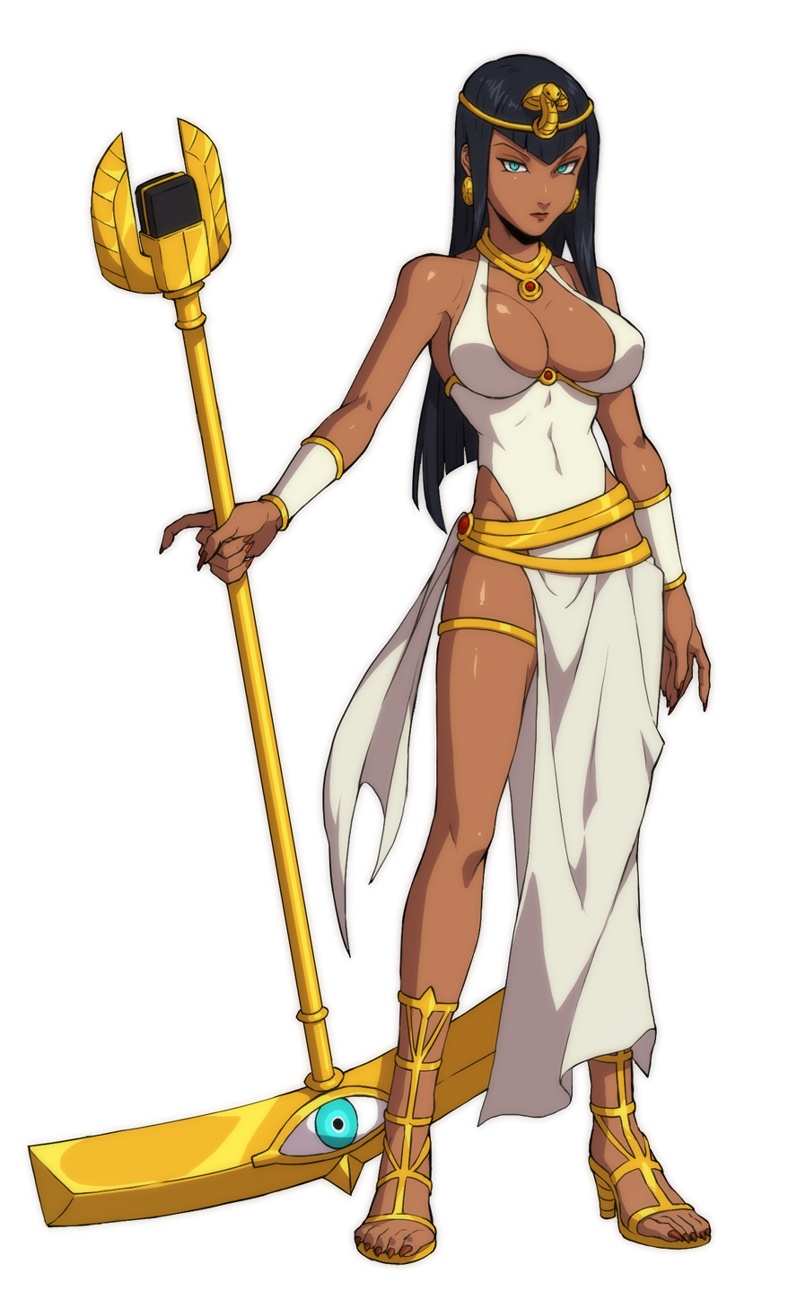 1girl alternate_costume alternate_hair_length alternate_hairstyle black_hair blue_eyes bracer breasts cleavage dark_skin dress earrings egyptian egyptian_clothes eliza_(skullgirls) facing_viewer fingernails full_body ganno highleg highleg_dress highres jewelry large_breasts long_hair looking_at_viewer microphone_stand necklace sandals sharp_fingernails skullgirls solo tiara white_background white_dress