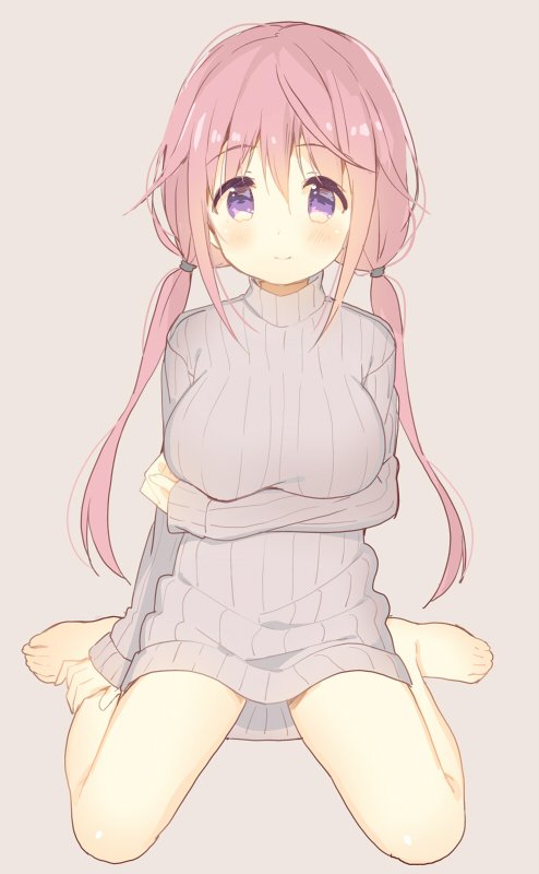 1girl barefoot breast_hold breasts long_hair meito_(maze) no_pants original pink_hair smile solo sweater twintails violet_eyes
