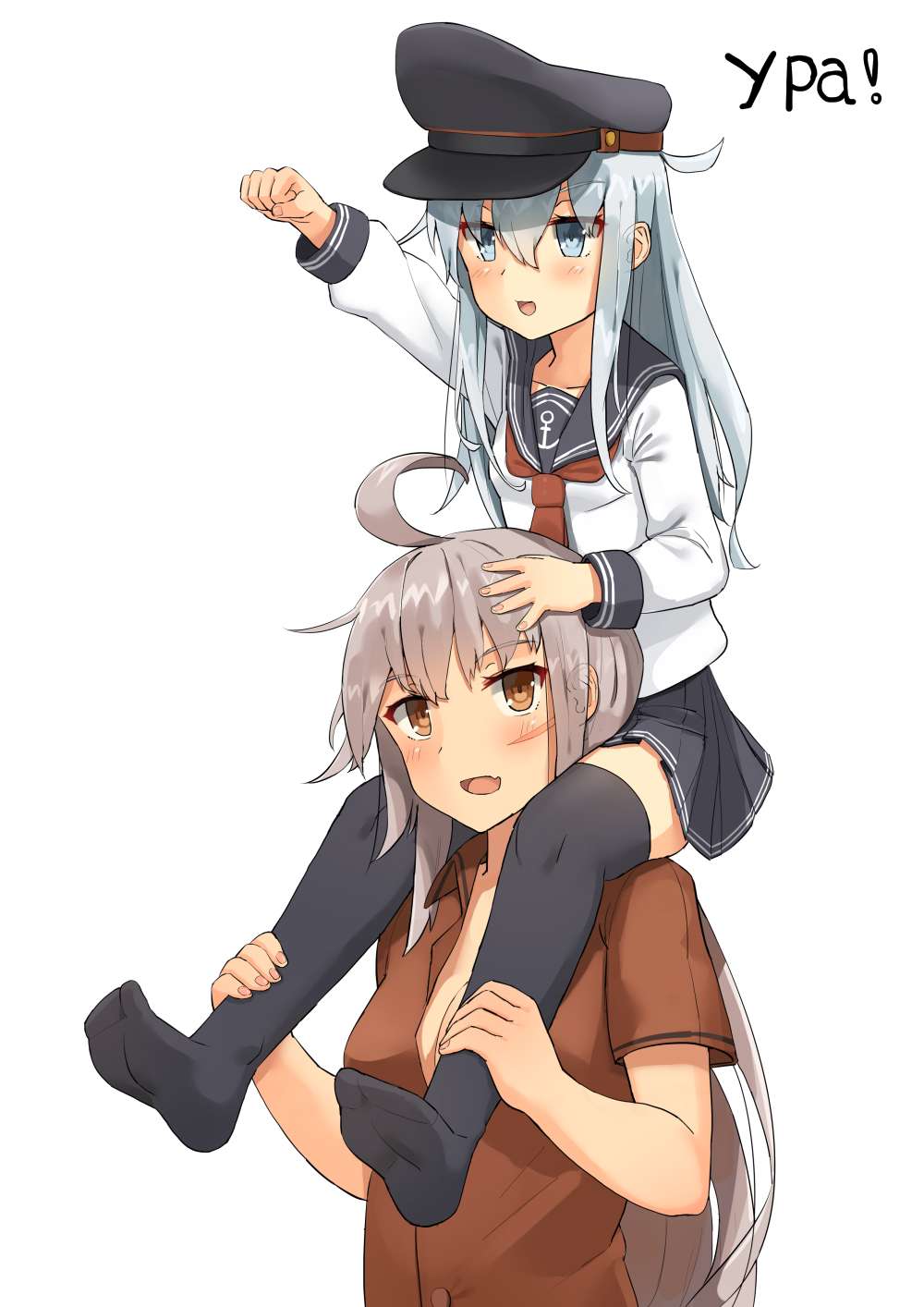2girls :d age_difference ahoge alternate_headwear arm_up black_hat black_legwear black_skirt blue_eyes blue_hair blush breasts brown_eyes carrying child cleavage eyebrows_visible_through_hair facial_scar fang fingerless_gloves gangut_(kantai_collection) gloves hair_between_eyes hat hibiki_(kantai_collection) highres kantai_collection long_hair long_sleeves medium_breasts multiple_girls neckerchief no_shoes open_mouth pleated_skirt raised_fist red_neckwear red_shirt revision russian scar school_uniform serafuku shirt shoulder_carry silver_hair simple_background skirt smile soil_chopsticks thigh-highs translated upper_body white_background white_shirt zettai_ryouiki
