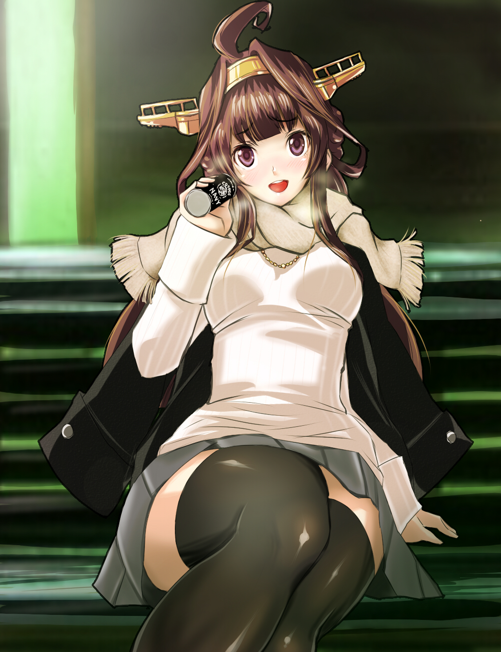 1girl alternate_costume bench black_legwear blouse blush breasts brown_hair can coffee double_bun grey_skirt hairband headgear highres jacket kantai_collection kongou_(kantai_collection) long_hair looking_at_viewer medium_breasts nameko_(pixiv1208089) night open_mouth remodel_(kantai_collection) scarf sitting skirt smile solo thigh-highs violet_eyes