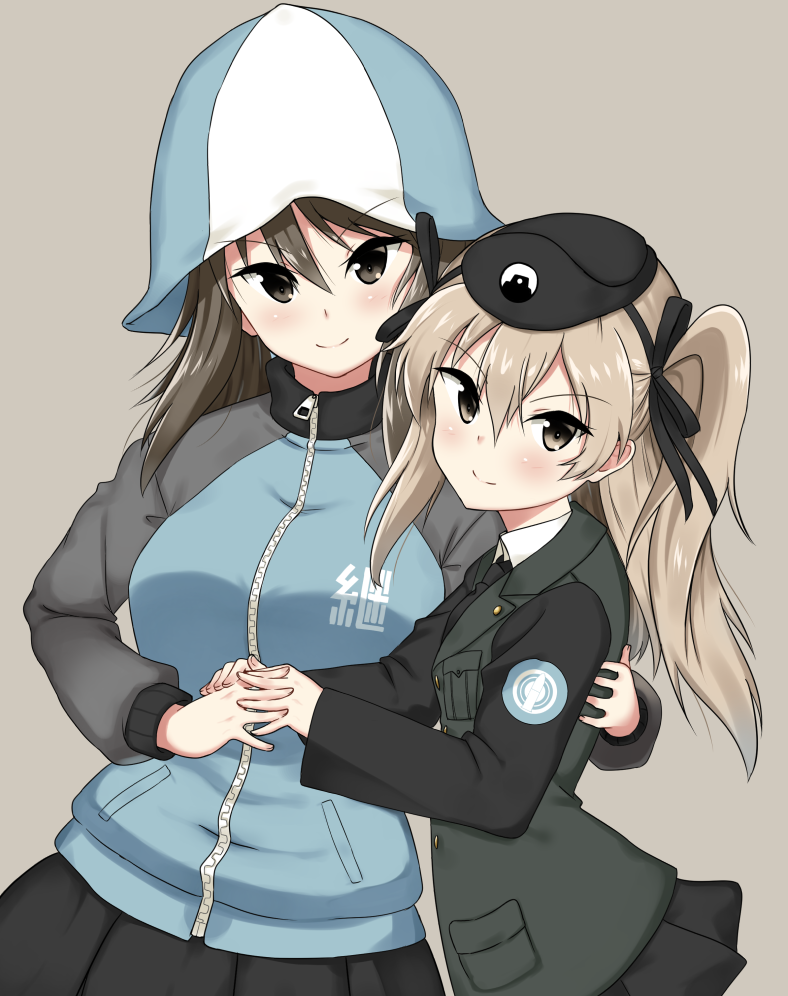 2girls arm_around_back bangs beret black_hat black_jacket black_neckwear black_ribbon black_skirt blue_hat blue_jacket blue_skirt brown_background brown_eyes brown_hair closed_mouth dress_shirt emblem eyebrows_visible_through_hair girls_und_panzer hair_ribbon hand_holding hat hikyakuashibi jacket japanese_tankery_league_(emblem) keizoku_military_uniform light_brown_hair long_hair long_sleeves looking_at_viewer mika_(girls_und_panzer) military military_hat military_uniform miniskirt multiple_girls necktie pleated_skirt raglan_sleeves ribbon selection_university_(emblem) selection_university_military_uniform shimada_arisu shirt side_ponytail simple_background skirt smile standing track_jacket uniform upper_body white_shirt