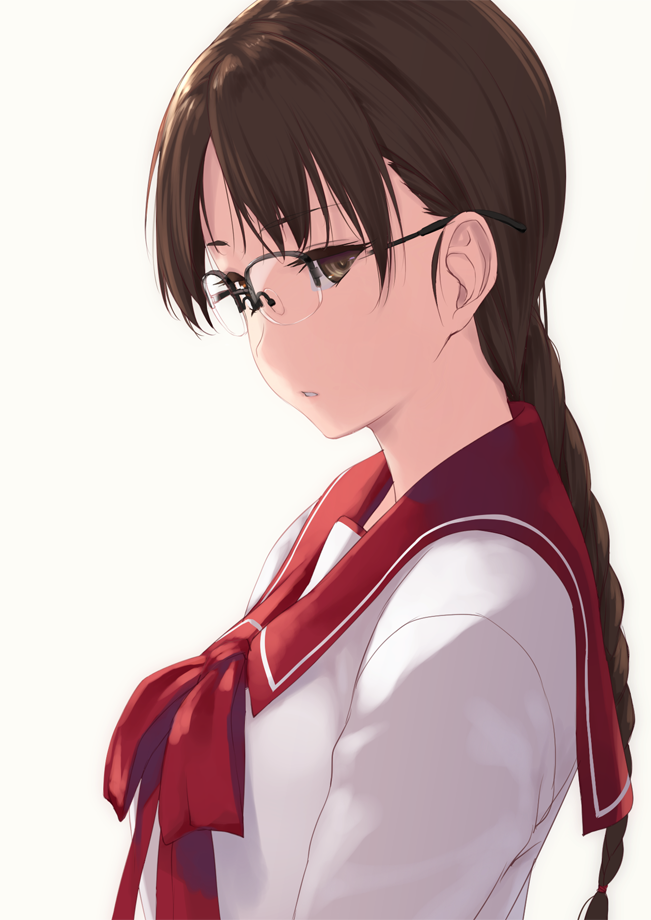 1girl bangs braid brown_eyes brown_hair commentary_request from_side glasses hoshina_tomoko long_hair long_sleeves looking_at_viewer looking_to_the_side neckerchief over-rim_glasses parted_bangs parted_lips red_ribbon ribbon rokuwata_tomoe sailor_collar school_uniform semi-rimless_glasses serafuku shirt simple_background single_braid solo to_heart upper_body white_background white_shirt