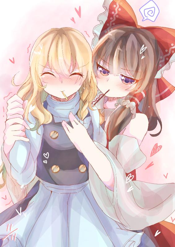 2girls ^_^ apron bare_shoulders blonde_hair bow brown_hair closed_eyes commentary detached_sleeves hair_bow hair_tubes hakurei_reimu heart hug hug_from_behind kirisame_marisa multiple_girls naako_(4n1do6k4ymdq7gc) no_hat no_headwear pocky_day red_eyes skirt skirt_set spoken_squiggle squiggle struggling touhou waist_apron yuri