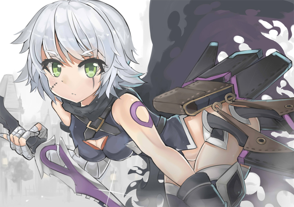 1girl assassin_of_black bandage bandaged_arm bare_shoulders black_legwear black_panties breasts cleavage fate/apocrypha fate/grand_order fate_(series) gloves green_eyes looking_at_viewer panties scar short_hair silver_hair small_breasts solo thigh-highs underwear weapon xly_97