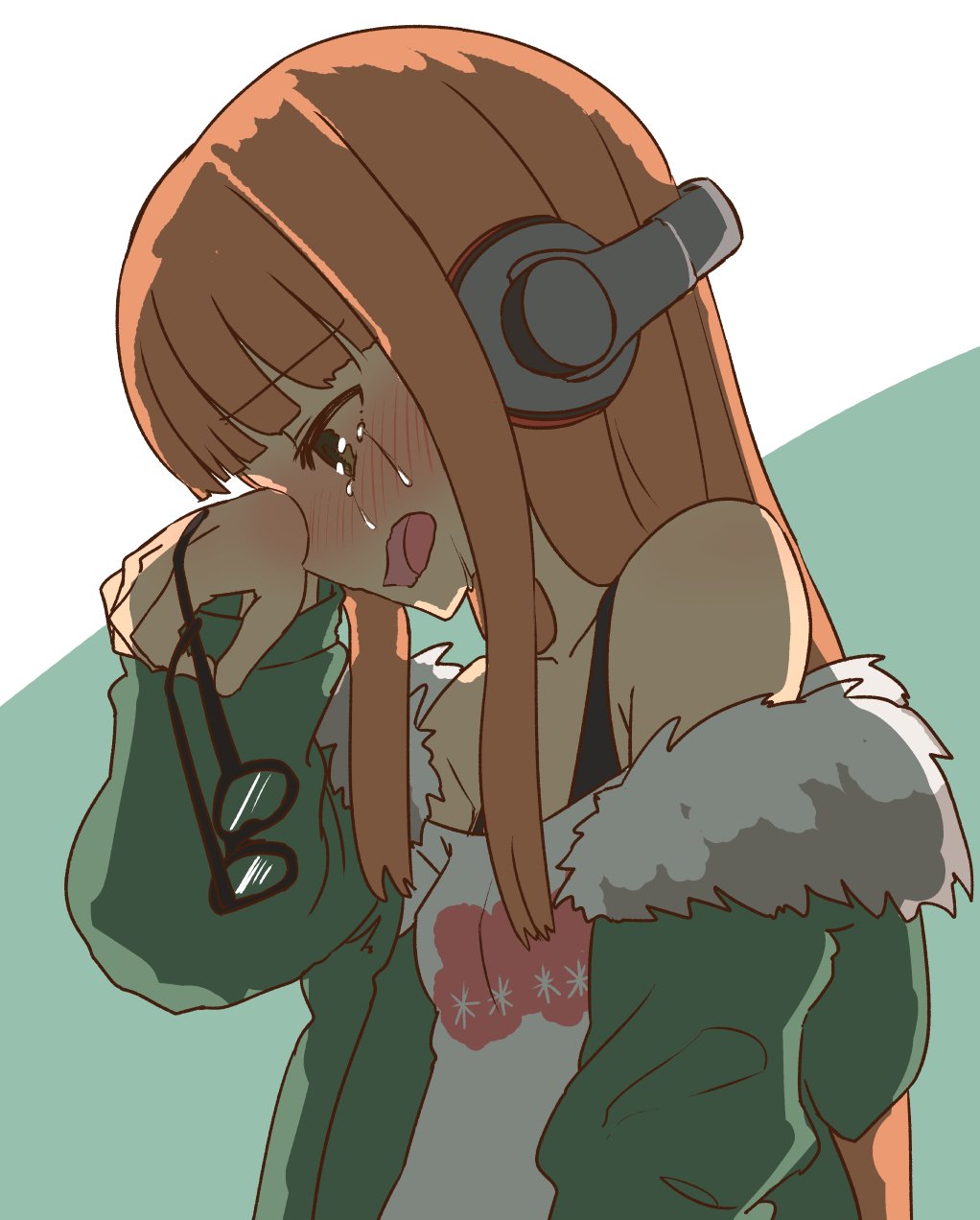 10s 1girl bare_shoulders blush commentary_request crying eyebrows_visible_through_hair from_side fur_trim glasses glasses_removed green_eyes green_jacket headphones highres holding holding_glasses jacket long_hair long_sleeves looking_down off_shoulder open_mouth orange_hair persona persona_5 profile sakura_futaba shirt solo sumiyao_(amam) tears wavy_mouth white_shirt
