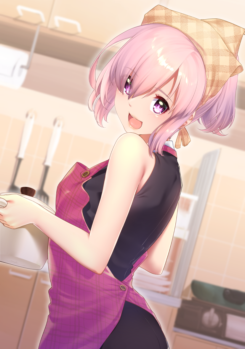 1girl : alternate_hairstyle apron bare_arms bare_shoulders black_dress blurry blurry_background blush cabinet commentary_request dress eyebrows_visible_through_hair fate/grand_order fate_(series) from_side frying_pan hair_over_one_eye head_scarf hisayaki_kyuu holding indoors kitchen lips looking_at_viewer looking_to_the_side open_mouth pink_apron pink_eyes pink_hair ponytail pot shielder_(fate/grand_order) shiny shiny_hair short_hair sleeveless sleeveless_dress solo spatula upper_body