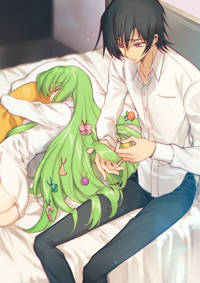1boy 1girl arched_back bangs bed_sheet black_hair bow c.c. cheese-kun closed_eyes closed_mouth clover_hair_ornament code_geass collared_shirt creayus denim dress_shirt eyebrows_visible_through_hair food_themed_hair_ornament four-leaf_clover_hair_ornament hair_bow hair_ornament hairdressing indoors jeans lelouch_lamperouge long_hair long_sleeves lying naked_shirt on_bed on_side pants pillow pillow_hug pink_bow shirt sitting sleeping smile straight_hair very_long_hair violet_eyes white_shirt wing_collar