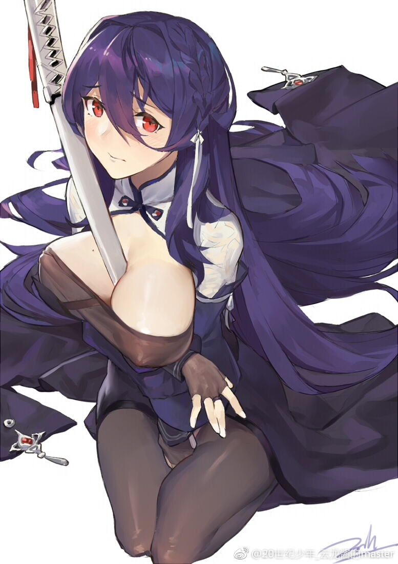 1girl 3: between_breasts between_legs bianyuanqishi black_gloves blue_hair braid breast_hold breasts cleavage cleavage_cutout closed_mouth erect_nipples fingerless_gloves french_braid from_above gloves hair_between_eyes hair_ribbon hand_between_legs jidong_zhandui katana large_breasts long_sleeves looking_at_viewer mole mole_on_breast oboro_(jidong_zhandui) pantyhose red_eyes ribbon seiza sitting solo sword turtleneck weapon weibo_username