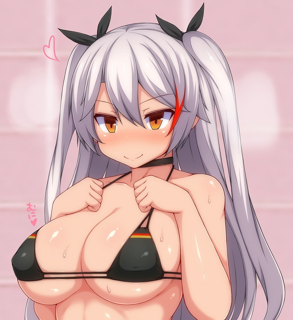 1girl armpits azur_lane bangs bare_arms bare_shoulders bikini bikini_top black_bikini black_bikini_top black_neckwear black_ribbon blush breasts choker cleavage clenched_hands closed_mouth collarbone commentary_request eyebrows_visible_through_hair flag_print german_flag_bikini hair_between_eyes hair_ribbon hands_up heart jewelry large_breasts long_hair looking_at_viewer multicolored_hair nose_blush prinz_eugen_(azur_lane) red_eyes redhead ribbon shiny shiny_skin silver_hair smile solo strap_gap streaked_hair sweat swimsuit two_side_up under_boob upper_body very_long_hair zack_(haiuinndo)