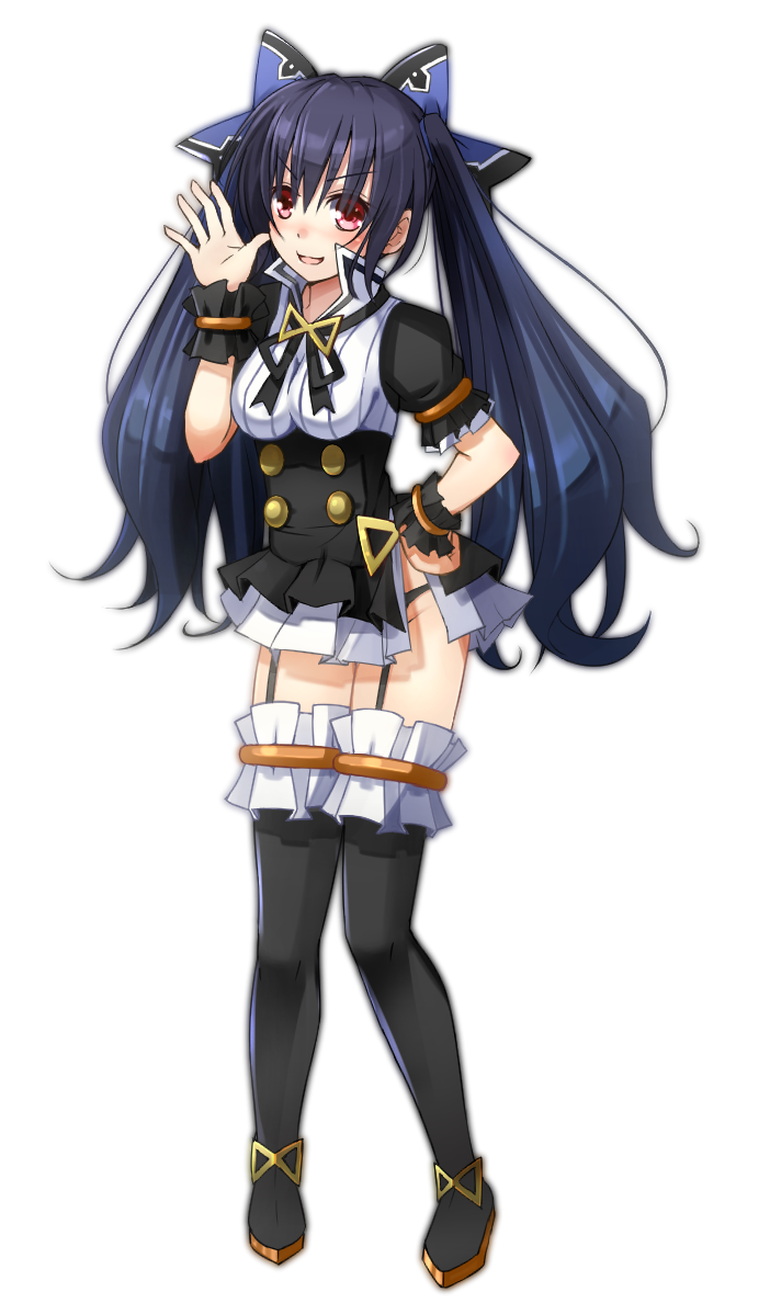 1girl attouteki_yuugi_mugen_souls black_hair black_legwear black_panties boots chou_chou_tsundere chou_chou_tsundere_(cosplay) cosplay doria_(5073726) double-breasted full_body hair_ribbon hand_on_hip hand_up long_hair looking_at_viewer neptune_(series) noire panties red_eyes ribbon skirt thigh-highs thigh_boots thigh_strap twintails underwear white_background