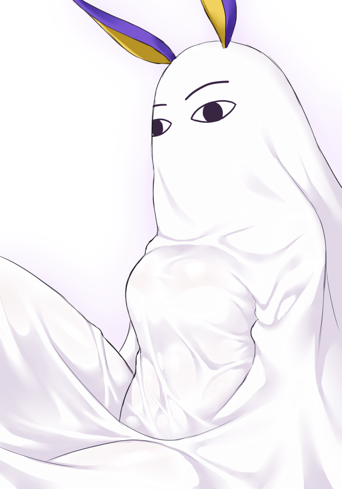 &lt;o&gt;_&lt;o&gt; 1girl blanket breasts commentary_request cosplay fate/grand_order fate_(series) hairband large_breasts medjed medjed_(cosplay) nitocris_(fate/grand_order) nitocris_(swimsuit_assassin)_(fate) onsoku_maru simple_background skin_tight solo upper_body white white_background