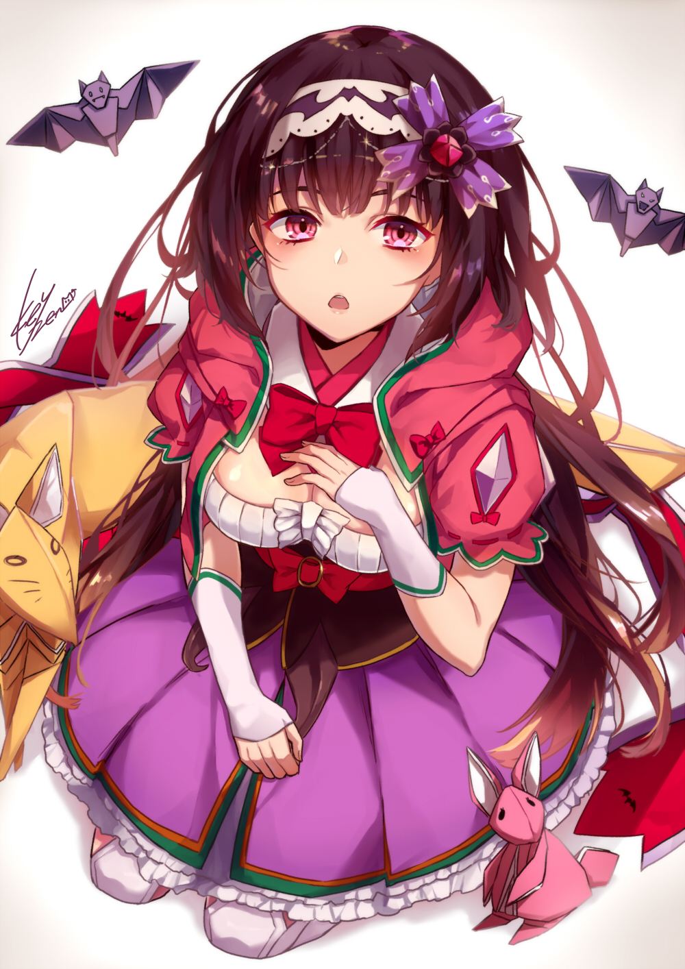 1girl bangs bat black_hair blush breasts cleavage dress fate/grand_order fate_(series) from_above fujikiri_yana hairband highres large_breasts long_hair looking_at_viewer looking_up low_twintails medium_breasts origami osakabe-hime_(fate/grand_order) parted_lips red_eyes seiza sitting solo triangle_mouth twintails very_long_hair