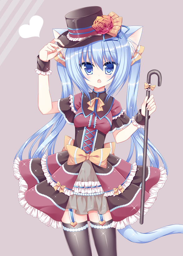 1girl :o animal_ears black_legwear blue_eyes blush breasts cane cat_ears cat_girl cat_tail commentary_request corset cowboy_shot eyebrows_visible_through_hair fang flower frilled_shirt frilled_skirt frills garter_straps grey_background hair_between_eyes hair_ribbon hand_on_headwear hat holding long_hair looking_at_viewer magician multicolored multicolored_clothes multicolored_shirt multicolored_skirt original overskirt parted_lips ribbon shikito shirt short_sleeves simple_background skirt small_breasts solo standing tail thigh-highs top_hat tsurime twintails very_long_hair wide_sleeves wrist_cuffs yellow_ribbon