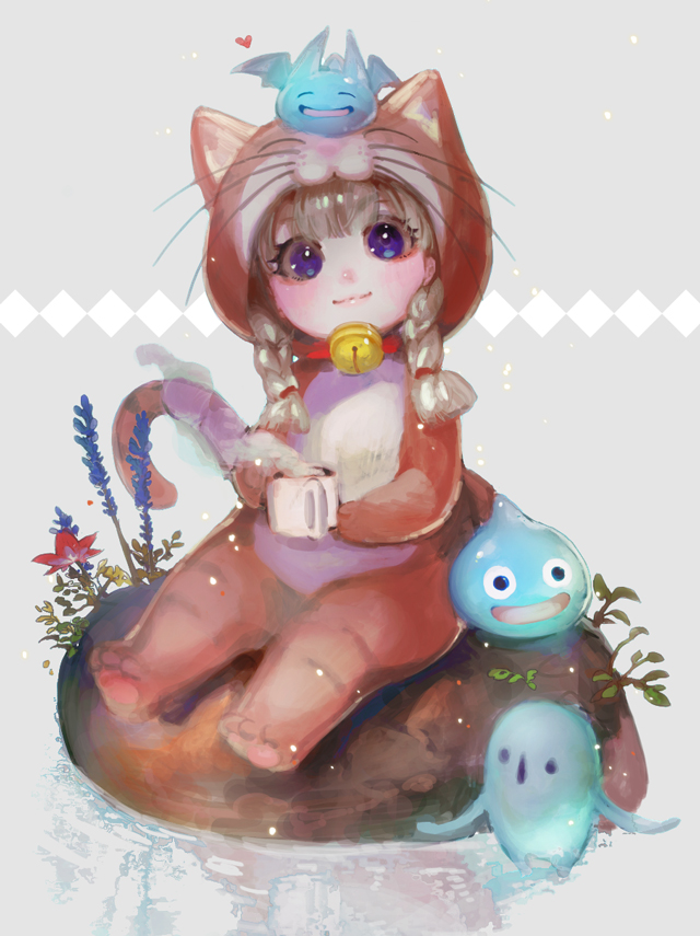 1girl animal_costume animal_ears animal_hood bangs bell bell_collar blonde_hair blue_eyes blunt_bangs cat_costume cat_ears cat_hood cat_tail closed_mouth collar commentary_request cup dragon_quest_xi eyebrows_visible_through_hair flower holding holding_cup hood jingle_bell long_hair looking_at_viewer sitting slime_(dragon_quest) smile tail veronica_(dq11) water yaku_(ziroken)
