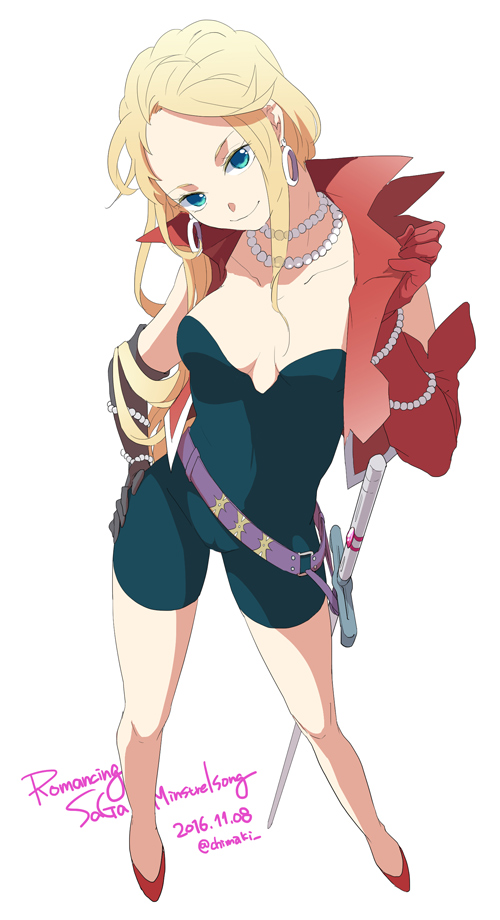 1girl blonde_hair blue_eyes bodysuit breasts chimaki_(impressiveanarchy) cleavage detached_sleeves earrings elbow_gloves gloves hat jewelry long_hair looking_at_viewer myriam_(saga) necklace romancing_saga romancing_saga_minstrel_song saga smile solo twintails weapon