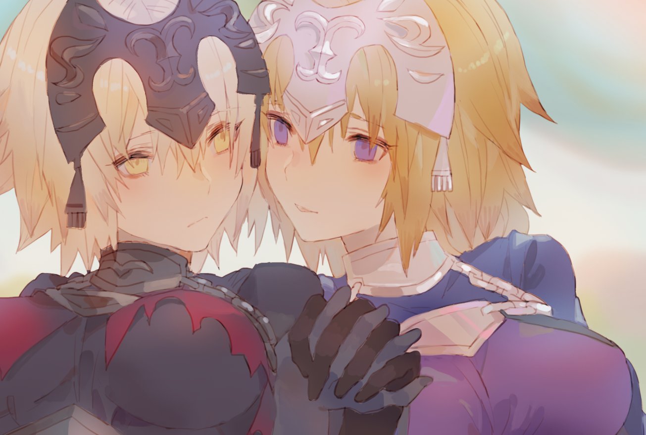 2girls black_dress black_gloves blonde_hair blue_eyes closed_mouth dark_persona dress dual_persona eyebrows_visible_through_hair fate/apocrypha fate/grand_order fate_(series) gloves gorget grey_gloves hair_between_eyes hand_holding headpiece interlocked_fingers jeanne_alter kibadori_rue long_hair looking_at_another multiple_girls purple_dress ruler_(fate/apocrypha) short_hair torn_clothes yellow_eyes