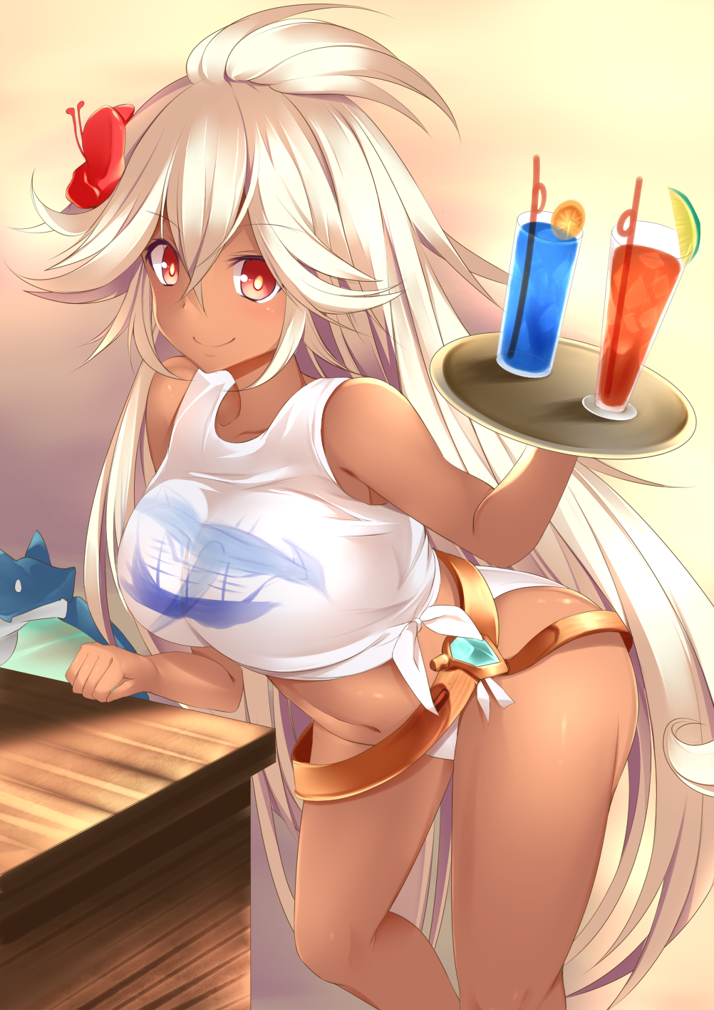 1girl blonde_hair breasts dark_skin flower glass gradient gradient_background granblue_fantasy hair_flower hair_ornament highres large_breasts leaning_forward long_hair looking_at_viewer red_eyes smile solo sukage the_order_grande tied_skirt tray white_bikini_bottom