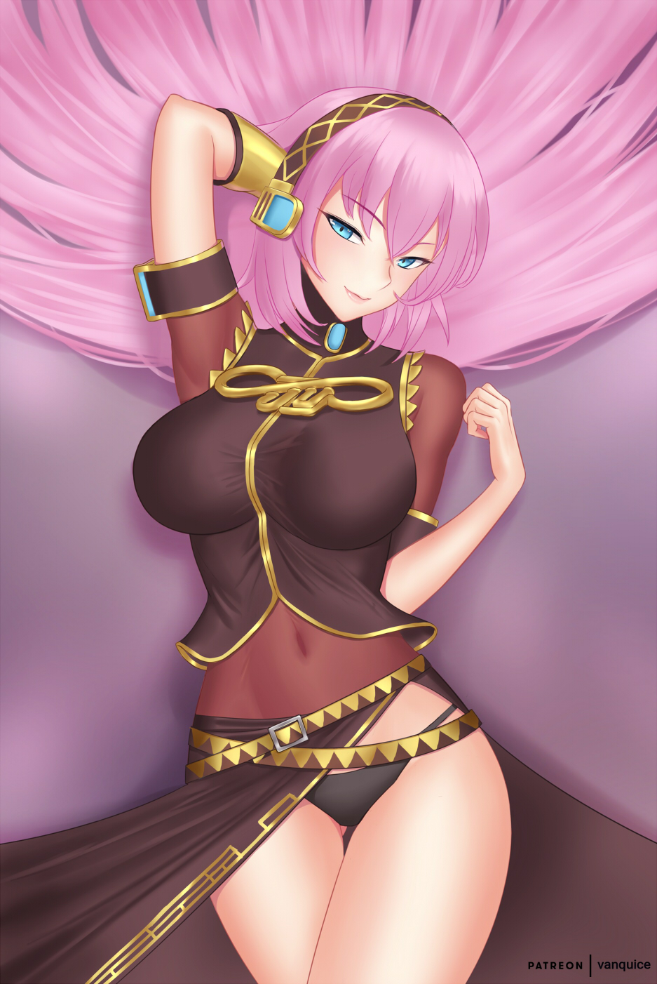 1girl black_panties blue_eyes blush breasts closed_mouth covered_navel cowboy_shot hair_between_eyes headphones highres large_breasts long_hair long_skirt looking_at_viewer megurine_luka panties pink_hair side_slit skirt smile solo undershirt underwear vanquice very_long_hair vocaloid