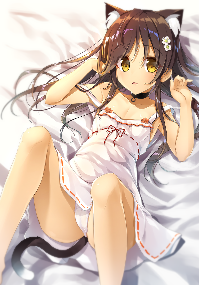 1girl animal_ears bangs blush brown_eyes brown_hair cat_ears cat_girl cat_tail collarbone dress eyebrows_visible_through_hair flat_chest flower hair_flower hair_ornament highres long_hair looking_at_viewer original panties parted_lips solo strap_slip sundress tail thighs underwear white_dress white_flower white_panties yanagi_yuu