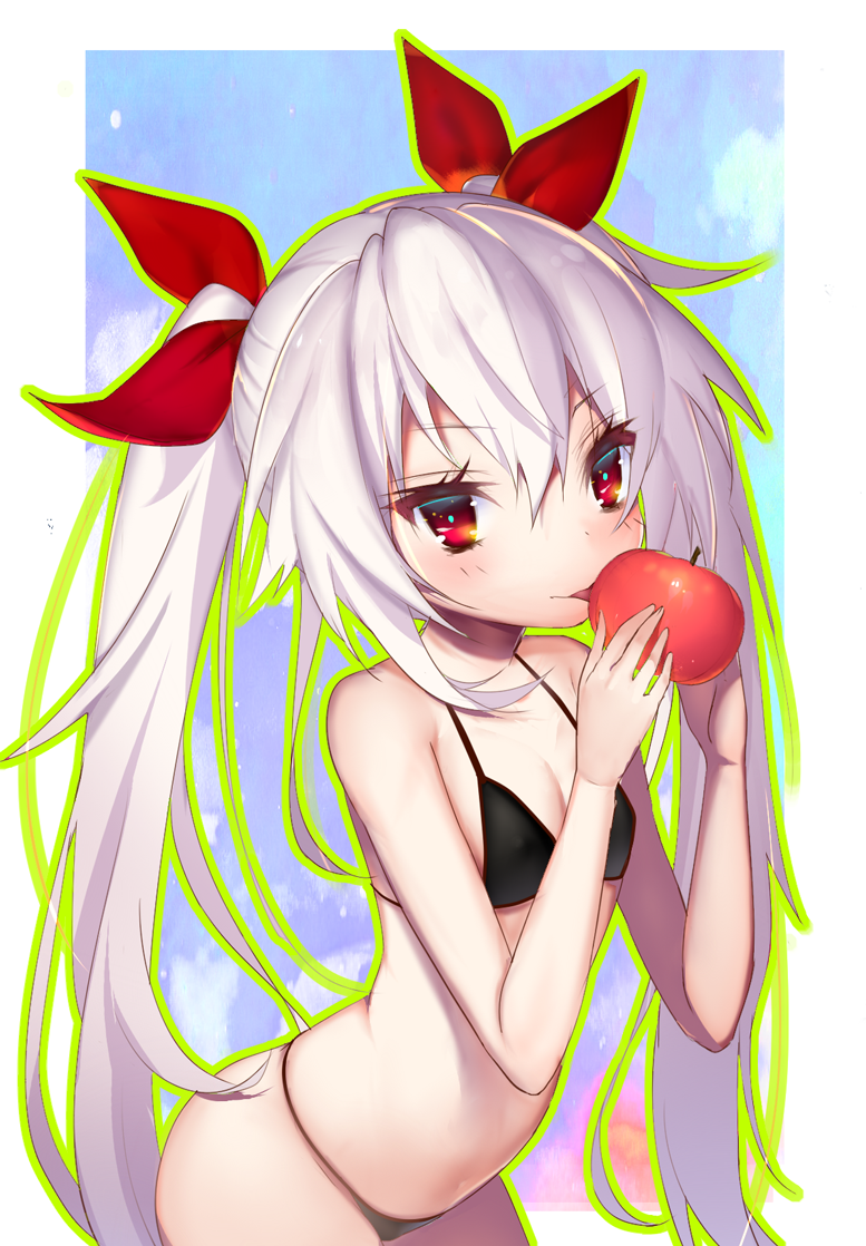 1girl azur_lane bangs bare_arms bare_shoulders bikini black_bikini blush breasts cleavage collarbone commentary_request cowboy_shot eyebrows_visible_through_hair food green_outline hair_between_eyes hair_ribbon hands_up holding holding_food licking long_hair looking_at_viewer mogullaz outline red_eyes red_ribbon ribbon sidelocks silver_hair small_breasts solo swimsuit tongue tongue_out tsurime twintails vampire_(azur_lane) very_long_hair