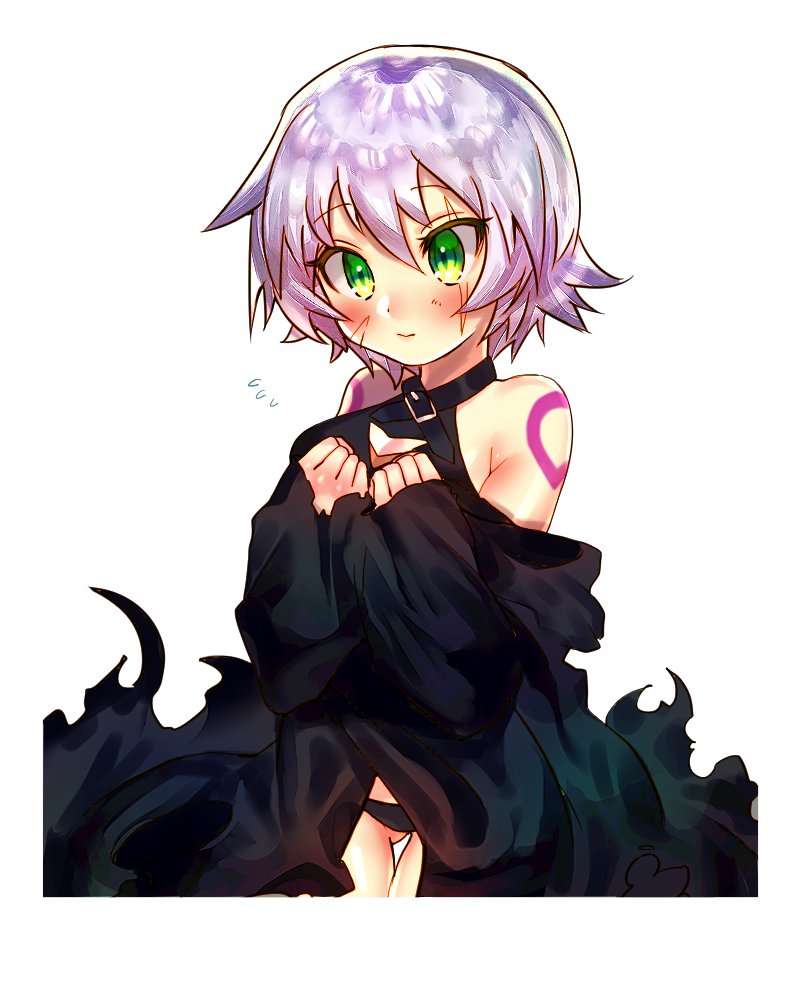 1girl :&gt; assassin_of_black bangs bare_shoulders black_panties black_robe black_shirt blush breasts cleavage closed_mouth commentary_request cowboy_shot eyebrows_visible_through_hair fate/apocrypha fate_(series) flying_sweatdrops green_eyes hair_between_eyes hands_up head_tilt mozu_1oo panties purple_hair robe scar scar_across_eye scar_on_cheek shirt short_hair simple_background small_breasts solo underwear white_background