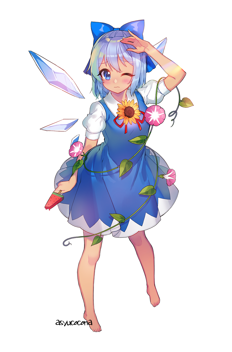 1girl ;( blann blue_bow blue_dress blue_eyes blue_hair blush bow cirno closed_mouth dress flower food fruit full_body hair_bow ice ice_wings looking_at_viewer morning_glory neck_ribbon plant puffy_short_sleeves puffy_sleeves red_ribbon ribbon short_hair short_sleeves solo standing sunflower tan tanned_cirno touhou vines watermelon wings