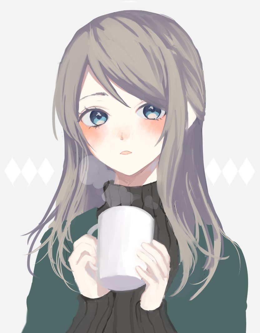 1girl blue_eyes blush cup grey_background grey_hair grey_sweater holding holding_cup long_hair long_sleeves looking_at_viewer p2_(uxjzz) parted_lips ribbed_sweater solo steam sweater upper_body