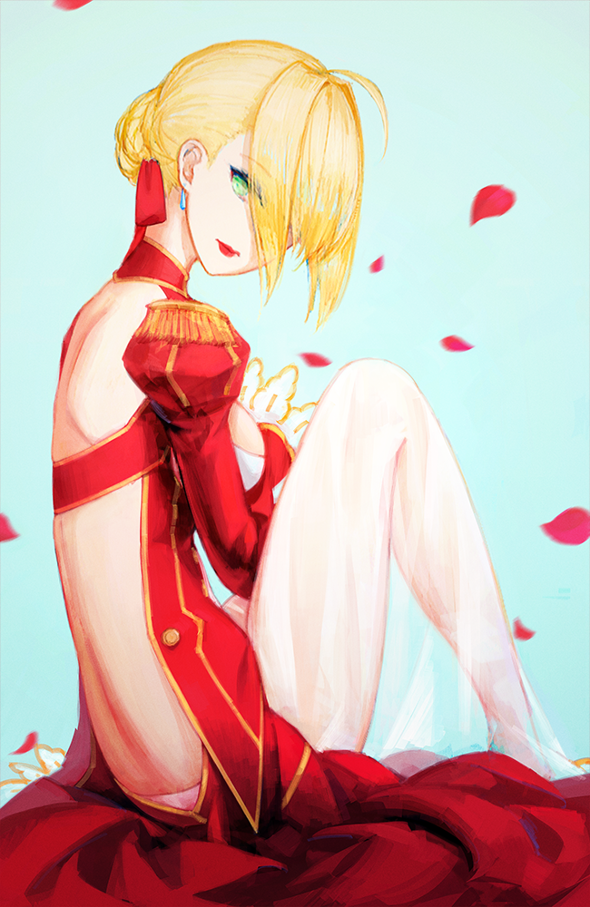 10s 1girl back backless_outfit blonde_hair breasts closed_eyes dress earrings fate/extra fate_(series) green_eyes hair_over_one_eye jewelry labombardier! lipstick looking_at_viewer makeup petals red_dress red_lipstick saber_extra see-through sitting solo