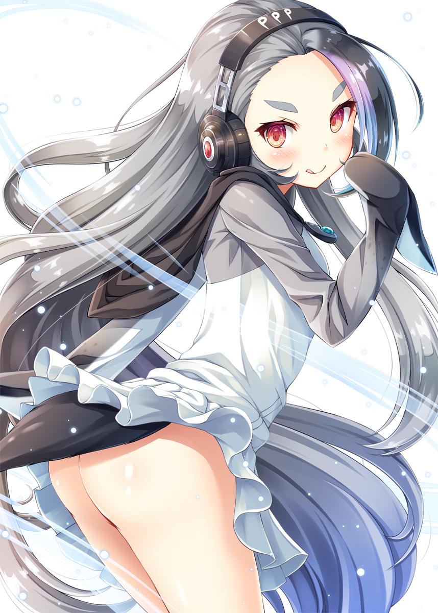 1girl akashio_(loli_ace) ass blush closed_mouth forehead from_side giant_penguin_(kemono_friends) grey_hair headphones highres hood hoodie kemono_friends licking_lips long_hair looking_at_viewer no_panties red_eyes smile solo tail thick_eyebrows tongue tongue_out very_long_hair white_background