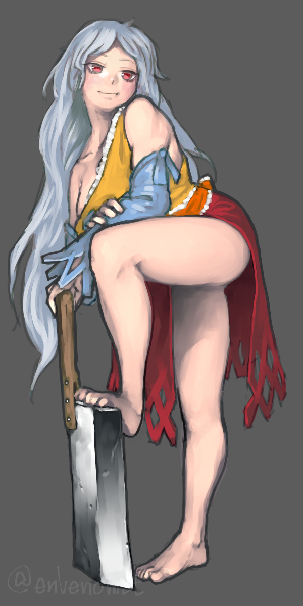 1girl ass bare_legs bare_shoulders barefoot detached_sleeves dress feet full_body gengoroumaru_(ambidextrous) grey_background grey_hair hatchet highres knee_up looking_at_viewer multicolored multicolored_clothes multicolored_dress oriental_hatchet red_eyes sakata_nemuno simple_background sketch smile solo standing touhou