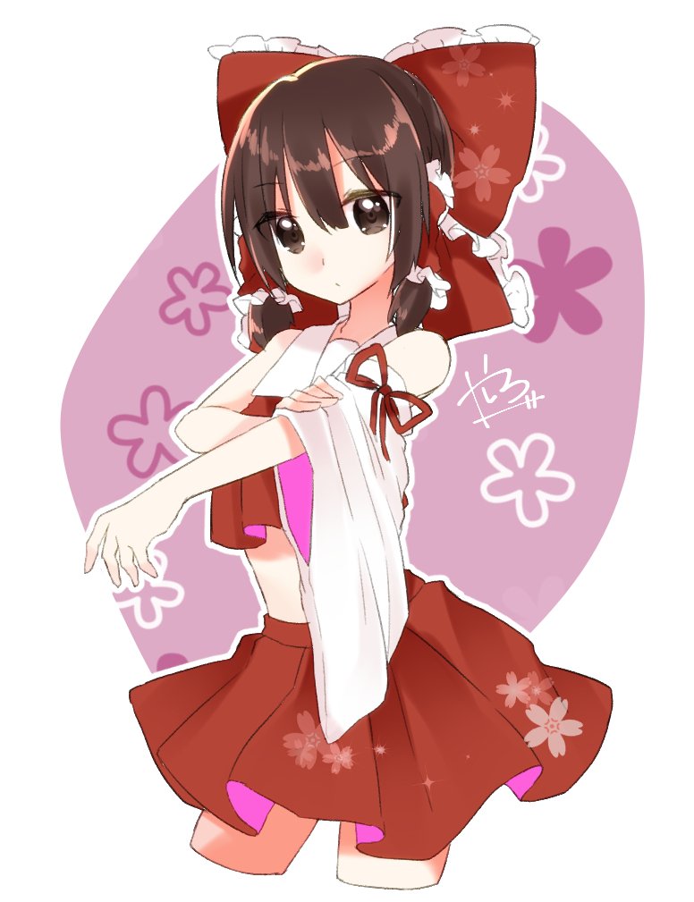 1girl abe_suke bangs bow brown_eyes brown_hair cowboy_shot cropped_legs detached_sleeves eyebrows_visible_through_hair hair_bow hair_tubes hakurei_reimu midriff red_bow red_skirt sidelocks single_sleeve skirt skirt_set solo touhou wide_sleeves