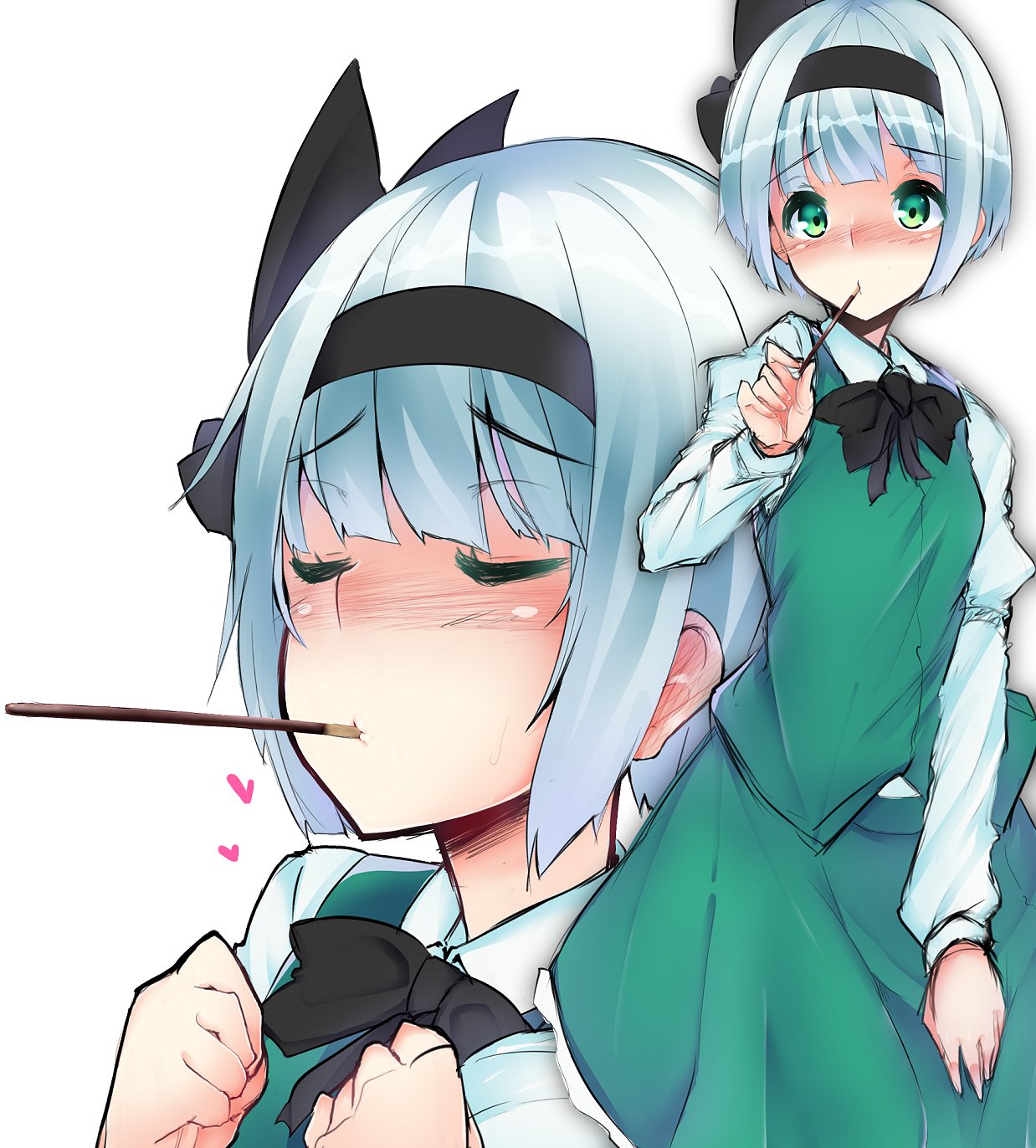 1girl bangs black_bow black_neckwear blue_hair blush bob_cut bow bowtie clenched_hands closed_eyes commentary_request eyebrows_visible_through_hair food green_eyes green_skirt hair_bow heart highres holding juliet_sleeves konpaku_youmu long_sleeves looking_at_viewer mouth_hold nose_blush pocky pocky_day puckered_lips puffy_sleeves short_hair simple_background skirt skirt_set touhou watari1118 white_background