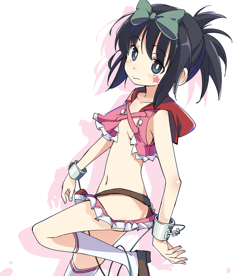 1girl black_hair blue_eyes blush bow closed_mouth cuffs flat_chest hair_bow hip_vent ixy kneehighs kunihiro_hajime looking_at_viewer navel no_panties ponytail revealing_clothes saki shiny shiny_hair shiny_skin shoes short_hair simple_background skirt solo standing standing_on_one_leg star white_background white_legwear