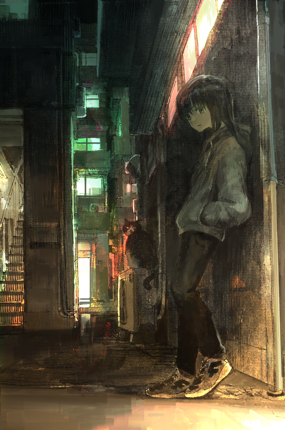 1girl against_wall alley black_hair black_pants brown_eyes building calligraphy_brush_(medium) cat drainpipe hands_in_pocket highres hood hood_down looking_at_viewer millipen_(medium) night original pants scenery shoes sneakers solo stairs standing tokunaga_akimasa traditional_media