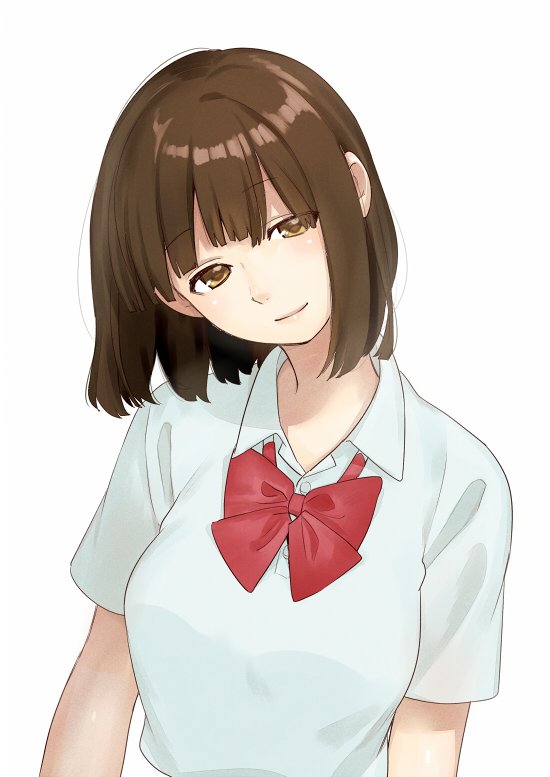 1girl arms_at_sides bowties brown_eyes brown_hair closed_mouth collared_shirt commentary_request eyebrows_visible_through_hair head_tilt kawai_makoto looking_at_viewer raised_eyebrow red_neckwear shiny shiny_hair shirt short_sleeves simple_background solo upper_body white_background wing_collar