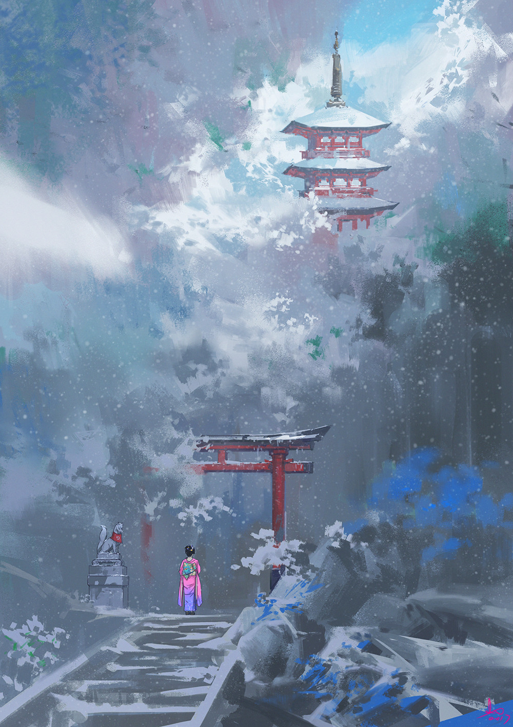 1girl black_hair facing_away from_behind highres inari japanese_clothes kimono ling_xiang original outdoors pagoda scenery shrine snow snowing solo stairs statue torii