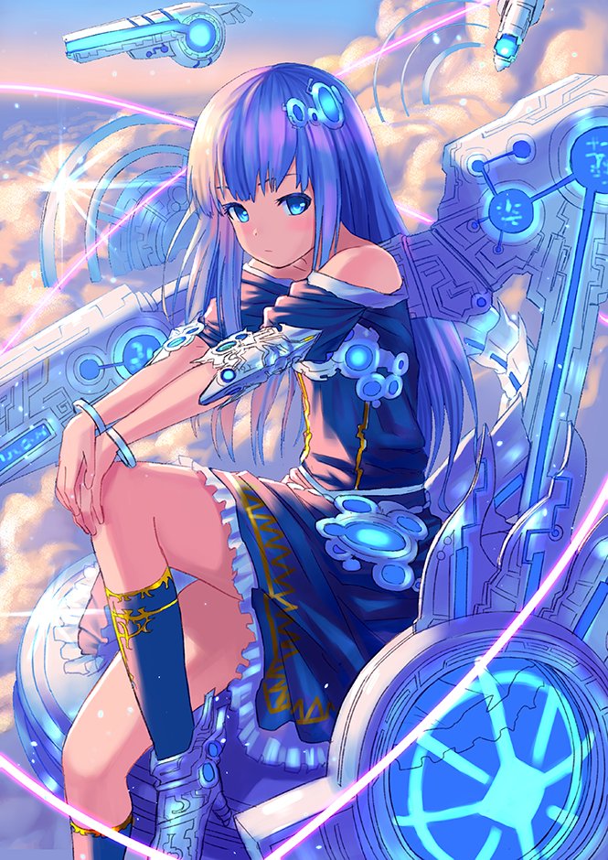 1girl above_clouds bare_shoulders blue_dress blue_eyes blue_hair blue_legwear blush closed_mouth clouds copyright_request day dress hands_on_own_knees high_heels knee_up long_hair looking_at_viewer outdoors science_fiction socks solo wasabi60