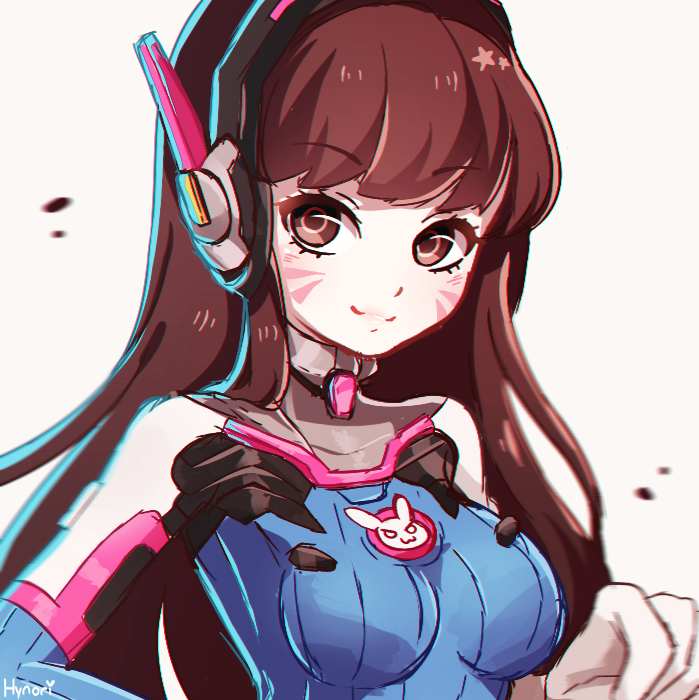 1girl :3 artist_name bangs blurry bodysuit breasts brown_eyes brown_hair closed_mouth commentary_request d.va_(overwatch) eyebrows_visible_through_hair facepaint facial_mark gloves headphones hynori light_blush long_hair looking_at_viewer overwatch pilot_suit ribbed_bodysuit signature simple_background skin_tight small_breasts smile solo swept_bangs upper_body whisker_markings white_background white_gloves