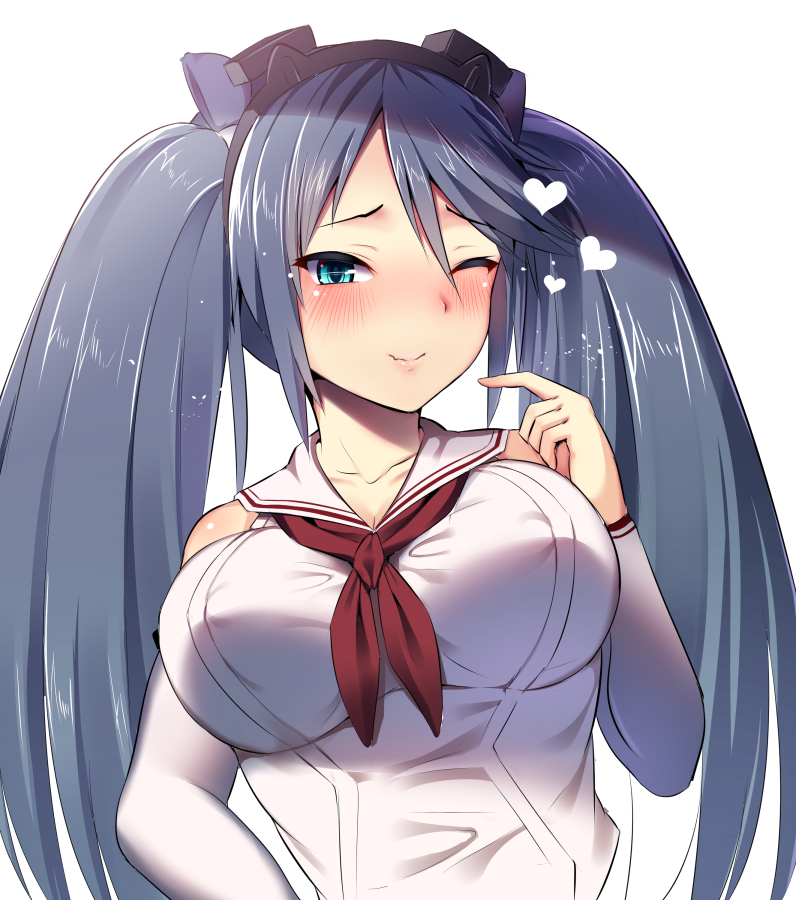 1girl ;) ayagi_daifuku blue_eyes blue_hair blush breasts closed_mouth collarbone detached_sleeves erect_nipples hand_up heart isuzu_(kantai_collection) kantai_collection large_breasts lips long_hair long_sleeves looking_at_viewer neckerchief one_eye_closed red_neckwear shiny shiny_hair shirt simple_background sketch smile solo twintails upper_body very_long_hair white_background white_shirt