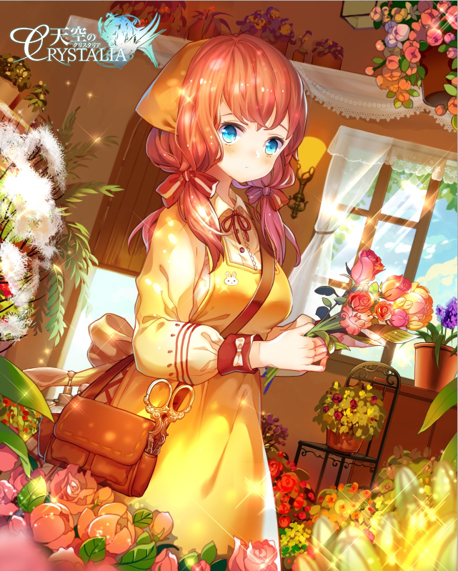 1girl bag bangs blue_eyes blue_sky blush brown_hair closed_mouth copyright_name day dress dutch_angle flower flower_request from_side holding holding_flower indoors long_hair long_sleeves looking_at_viewer miemia puffy_long_sleeves puffy_sleeves rose shoulder_bag sky standing sunlight tenkuu_no_crystalia window yellow_dress