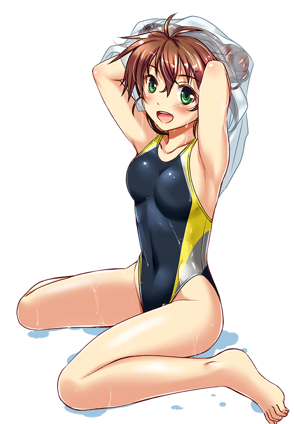 1girl armpits arms_up blush breasts brown_hair bun_cover competition_swimsuit digdug006 double_bun jackey kanamori_reiko long_hair looking_at_viewer medium_breasts one-piece_swimsuit open_mouth sitting solo swimsuit undressing wariza wet wet_clothes wet_swimsuit white_background wrestle_angels wrestle_angels_survivor