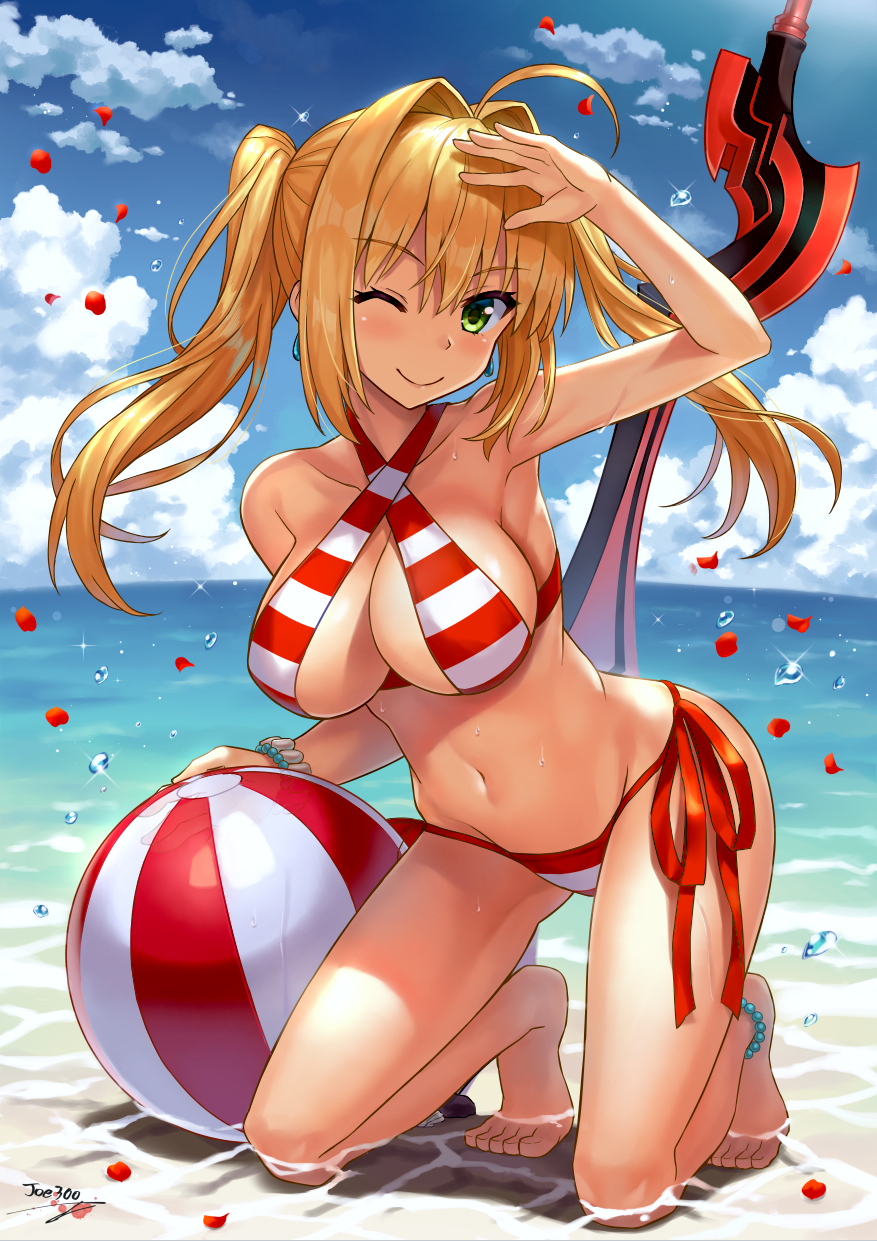 1girl ;) aestus_estus ahoge anklet arm_up artist_name ball bangs bare_legs barefoot beach beachball bead_anklet bead_bracelet beads bikini blue_sky blush bracelet breasts c: closed_mouth clouds cloudy_sky collarbone criss-cross_halter day fate/grand_order fate_(series) fisheye green_eyes hair_intakes halterneck highres jewelry kneeling large_breasts long_hair looking_at_viewer navel nero_claudius_(swimsuit_caster)_(fate) npcpepper ocean one_eye_closed outdoors planted_sword planted_weapon red_bikini side-tie_bikini sidelocks signature sky smile solo striped striped_bikini swimsuit sword thighs tsurime twintails weapon