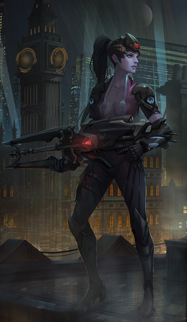 1girl breasts building center_opening clock clock_tower earrings full_body gun holding holding_gun holding_weapon jewelry long_hair looking_afar medium_breasts night overwatch ponytail purple_hair purple_skin rifle rooftop skyline sniper_rifle solo standing stud_earrings tower visor weapon widowmaker_(overwatch) yagaminoue yellow_eyes
