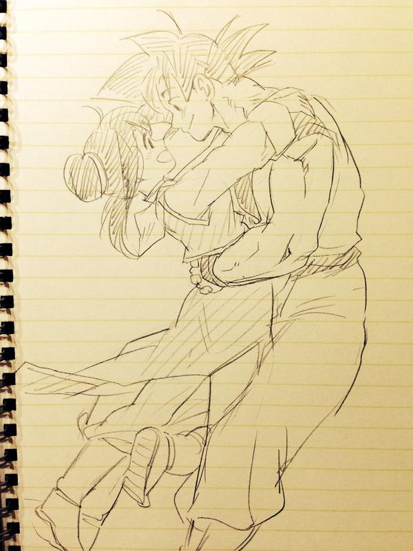 1boy 1girl :d black_eyes black_hair chi-chi_(dragon_ball) chinese_clothes couple dougi dragon_ball dragonball_z floating_hair fukuko_fuku hands_on_another's_hips happy hug looking_at_another monochrome notebook open_mouth smile son_gokuu spiky_hair tied_hair traditional_media