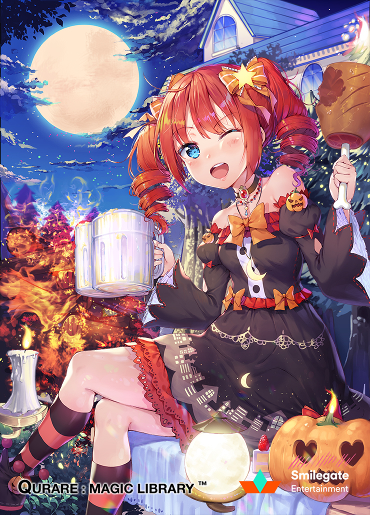 1girl bare_shoulders beer_mug black_legwear blue_eyes blush breasts candle collarbone company_name copyright_name drill_hair eyebrows_visible_through_hair halloween heart jack-o'-lantern kneehighs legs_crossed looking_at_viewer medium_breasts moon night official_art one_eye_closed open_mouth orange_hair orange_legwear outdoors qurare_magic_library shoonear short_hair sitting smile solo striped striped_legwear twin_drills