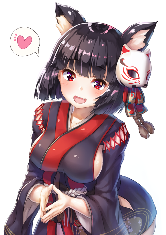 1girl animal_ears azur_lane breasts cat_ears fox_mask heart japanese_clothes looking_at_viewer mask mask_on_head medium_breasts open_mouth pensuke short_hair sideboob simple_background smile spoken_heart white_background yamashiro_(azur_lane)