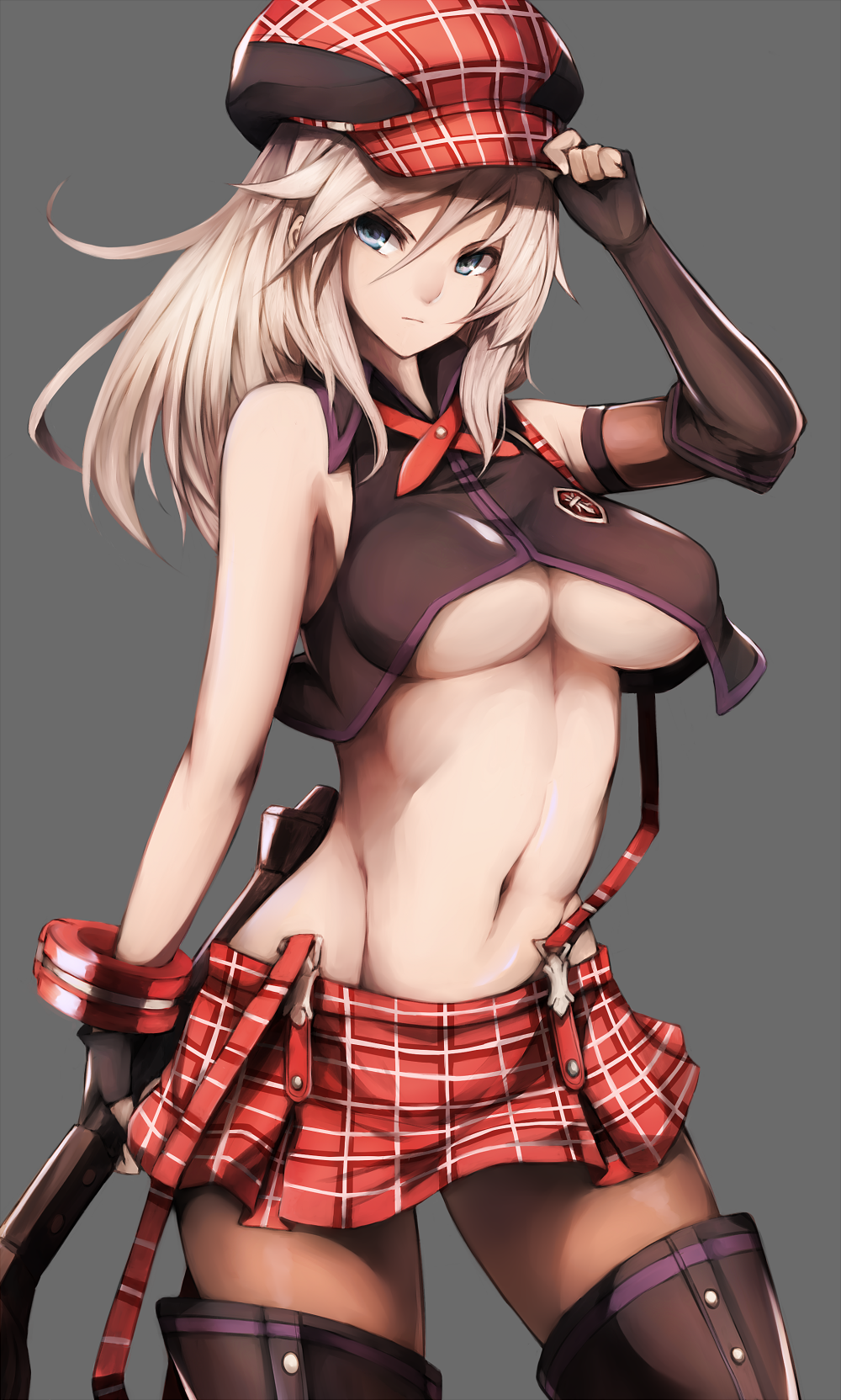 1girl adjusting_clothes adjusting_hat alisa_ilinichina_amiella arm_up bare_shoulders black_footwear black_gloves blonde_hair blue_eyes boots breasts brown_legwear cabbie_hat closed_mouth cowboy_shot crop_top elbow_gloves fingerless_gloves gloves god_eater grey_background hair_between_eyes hand_on_headwear hat highres holding holding_weapon inaba_sunimi long_hair looking_at_viewer medium_breasts miniskirt navel pantyhose plaid plaid_hat plaid_skirt red_hat red_skirt serious simple_background single_elbow_glove skirt sleeveless solo standing stomach suspender_skirt suspenders suspenders_slip thigh-highs thigh_boots under_boob weapon