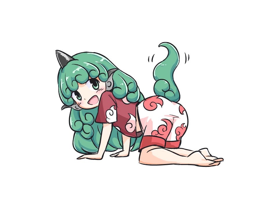 1girl all_fours animal_ears bang bare_legs barefoot cloud_print commentary_request curly_hair finger_gun full_body green_eyes green_hair horn itatatata komano_aun long_hair looking_at_viewer red_shirt shirt short_sleeves shorts simple_background smile solo tail tail_wagging touhou very_long_hair white_background white_shorts