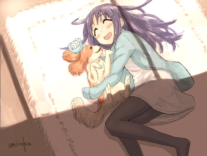 1girl :d ^_^ animal animal_hug black_legwear blush cardigan closed_eyes dog dress eyebrows_visible_through_hair facing_viewer hinata_yukari hug long_hair long_sleeves lying no_shoes on_side open_mouth pantyhose purple_hair signature smile solo umiroku white_dress yuyushiki