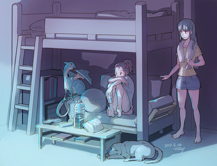 2girls artist_name barefoot bed black_hair book bookshelf bottle brown_hair bunk_bed dated dog dragon knees_up long_hair multiple_girls open_mouth original shirt shorts sitting standing t-shirt towel_rack ttmary water_bottle yellow_shirt